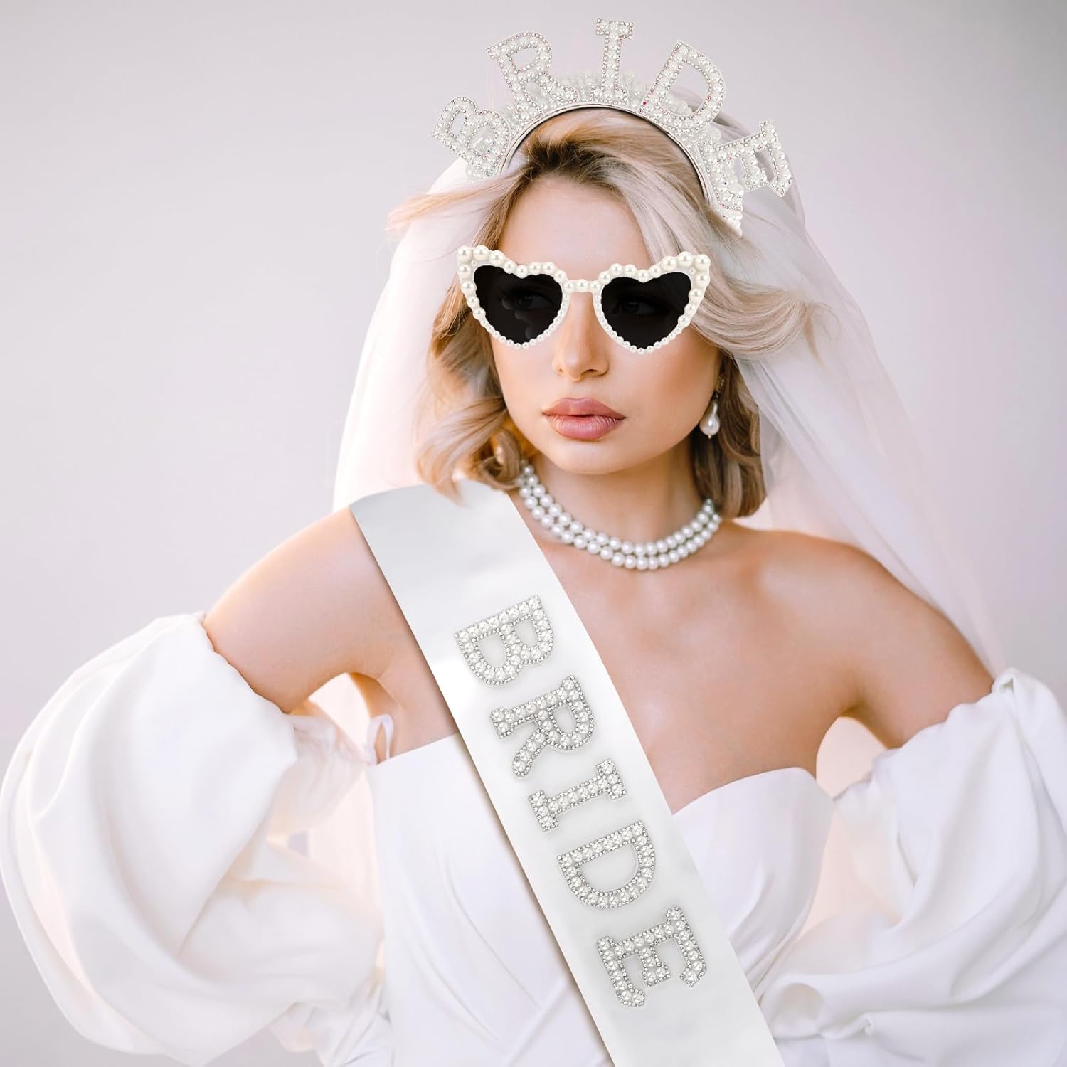 Bride Headband, Heart-Shaped Sunglasses & Sash