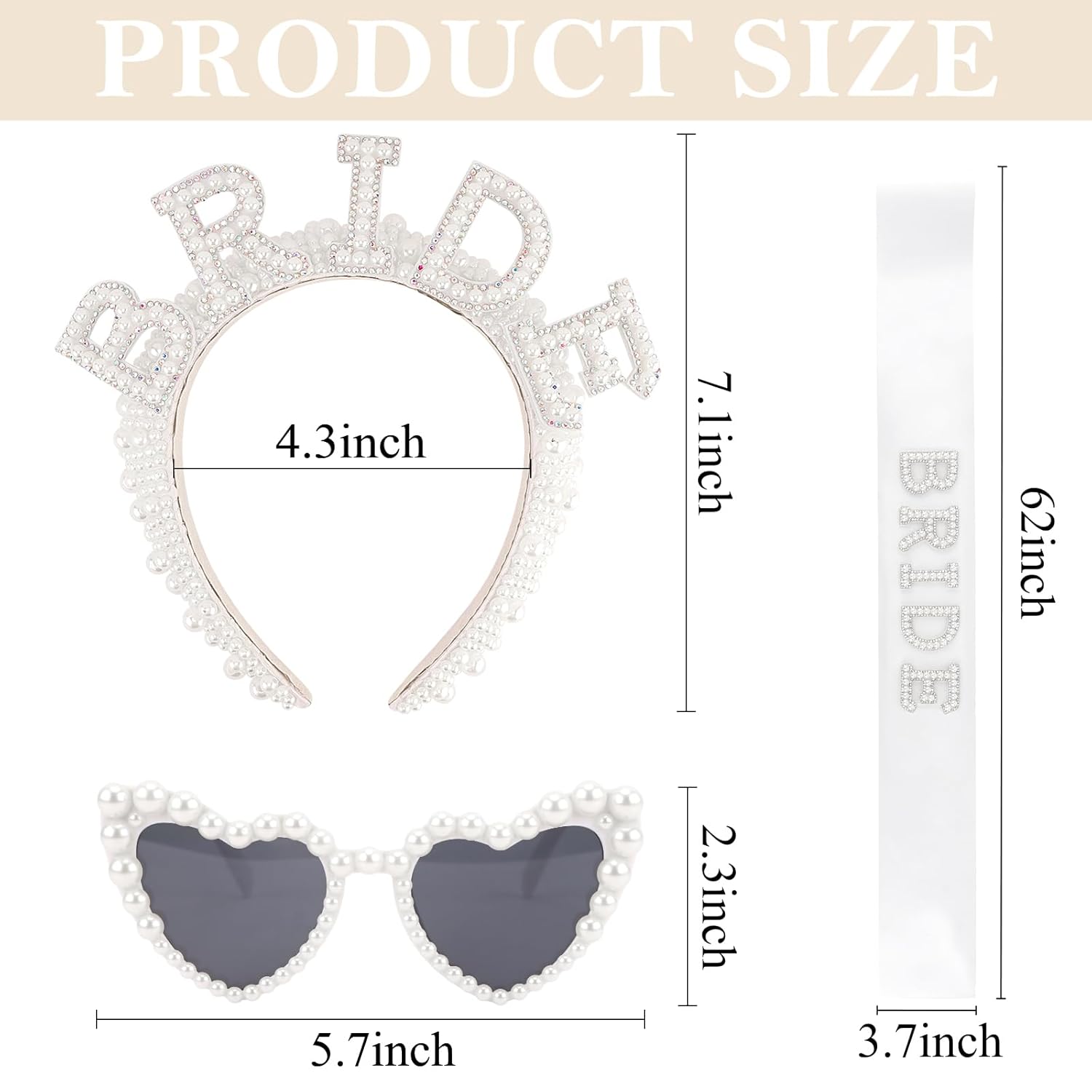 Bride Headband, Heart-Shaped Sunglasses & Sash